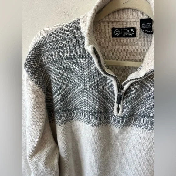 Chaps Gray Fair Isle Boyfriend Sweater quarter zip grey Size XL - Picture 3 of 7